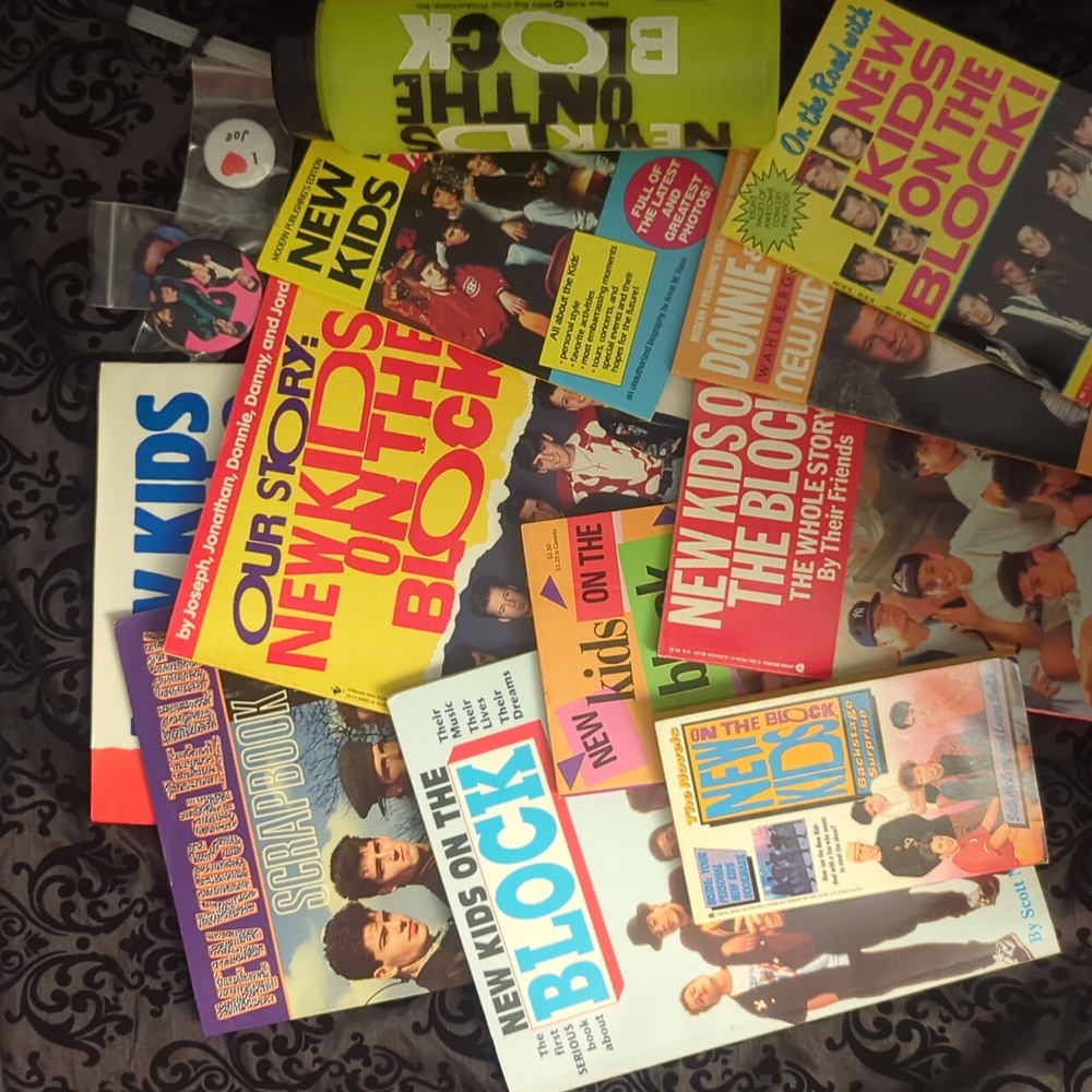 New Kids on the Block (NKOTB) Books, buttons and water bottle